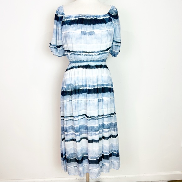 Bella Dahl Dresses & Skirts - BELLA DAHL BLUE TIE DYE SHORT PUFF SLEEVE FIT & FLARE MIDI DRESS WOMENS SMALL